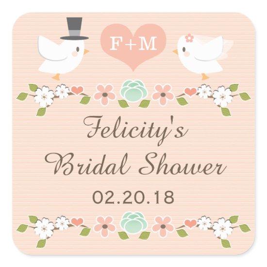 BLUSH MONOGRAMMED DOVE LOVE BIRDS BRIDAL SHOWER SQUARE STICKER