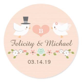 BLUSH MONOGRAMMED DOVE LOVE BIRDS WEDDING CLASSIC ROUND STICKER