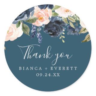 Blush & Navy Flowers Blue Thank You Favor Sticker