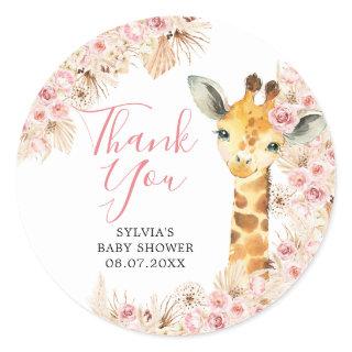 Blush Pink Boho Giraffe Baby Shower Thank You Classic Round Sticker