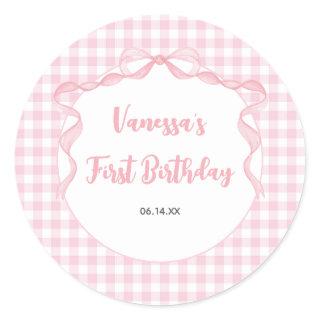 Blush Pink Bow Coquette 1st Birthday Classic Round Sticker