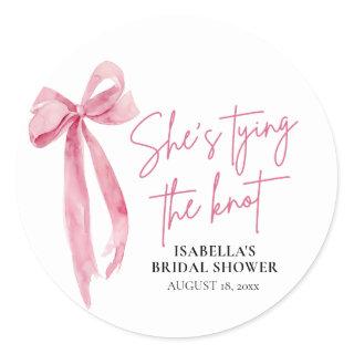 Blush Pink Bow She's Tying the Knot Bridal Shower Classic Round Sticker