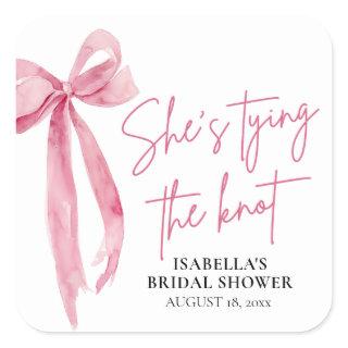 Blush Pink Bow She's Tying the Knot Bridal Shower Square Sticker