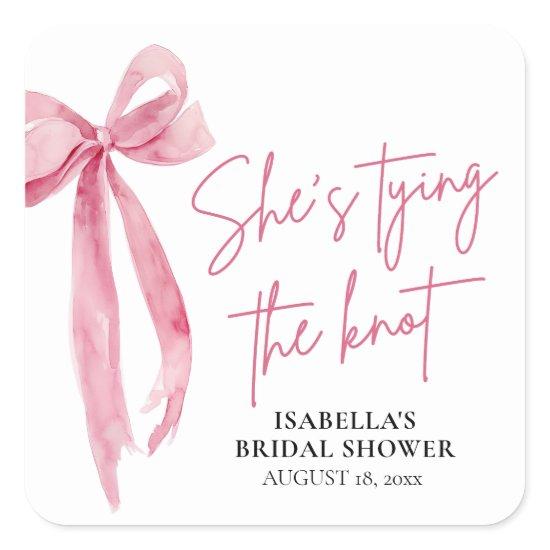 Blush Pink Bow She's Tying the Knot Bridal Shower Square Sticker