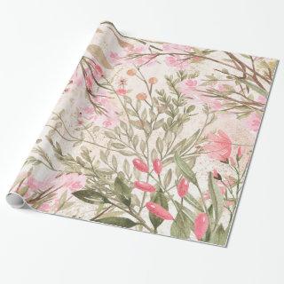 Blush pink coral forest green watercolor floral