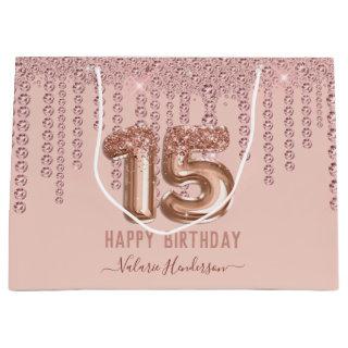 Blush Pink Diamond Drips Happy 15th Birthday Large Gift Bag