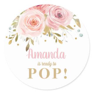 Blush Pink Floral Baby Shower Ready to Pop Favor Classic Round Sticker