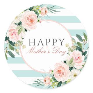 Blush Pink Floral Blue Stripes Mother's Day Classic Round Sticker