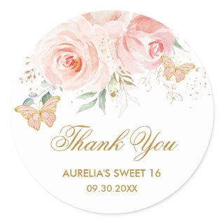 Blush Pink Floral Butterflies Quinceanera Sweet 16 Classic Round Sticker