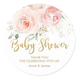 Blush Pink Floral Gold Baby Shower Thank You Favor Classic Round Sticker