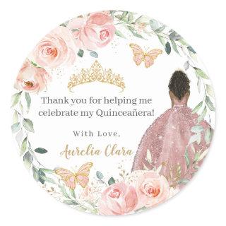 Blush Pink Floral Quinceañera Birthday Brown Girl Classic Round Sticker