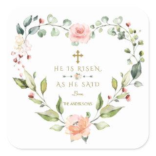 Blush Pink Flowers He Is Risen Gold Easter Square Sticker