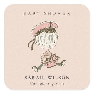 Blush Pink Girl Little Sailor Nautical Baby Shower Square Sticker