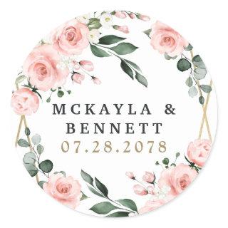 Blush Pink Gold and White Floral Greenery Wedding Classic Round Sticker