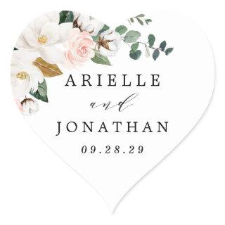 Blush Pink Gold and White Magnolia Floral Wedding Heart Sticker