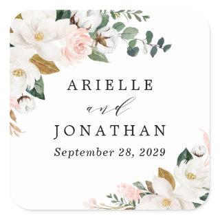Blush Pink Gold and White Magnolia Floral Wedding Square Sticker