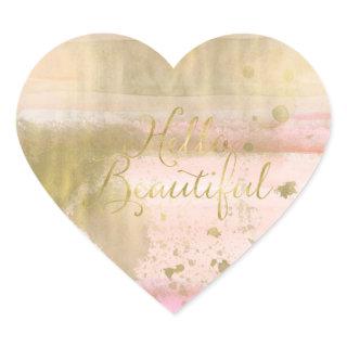 Blush Pink Gold Glam Watercolor Hello Beautiful Heart Sticker