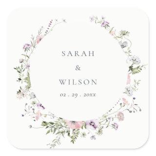Blush Pink Lilac Wildflower Circle Frame Wedding Square Sticker