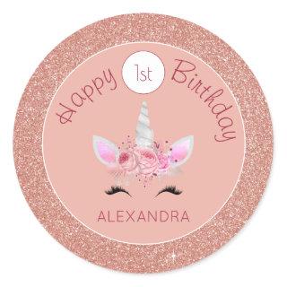 Blush Pink Rose Gold Glitter Unicorn 1st Birthday Classic Round Sticker