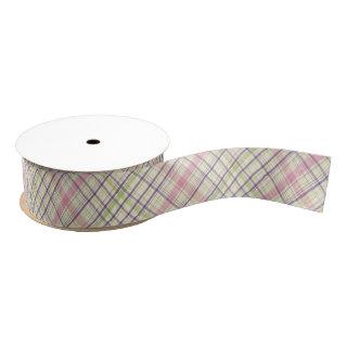 Blush Pink Violet Purple Lime Green Tartan Pattern Grosgrain Ribbon