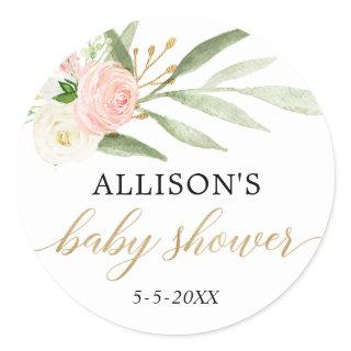 Blush pink white gold floral baby shower stickers
