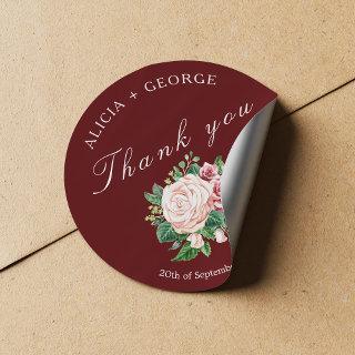 Blush Roses Bouquet Chic Wedding Thank You Classic Round Sticker