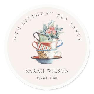 Blush Stacked Cups Any Age Birthday Tea Party Classic Round Sticker