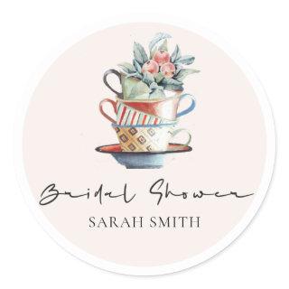Blush Stacked Cups Floral Bridal Shower Tea Party Classic Round Sticker