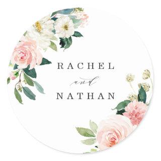 Blush White Bloom Floral Personalized Classic Round Sticker