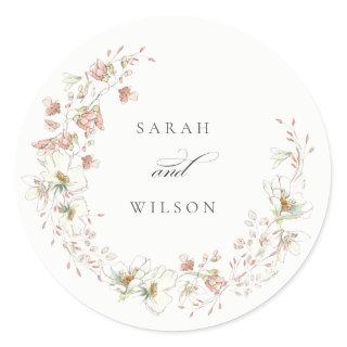 Blush White Rustic Meadow Floral Wreath Wedding Classic Round Sticker