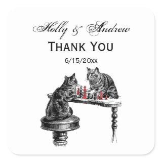 Board Games Two Cats playing Chess Match Red Square Sticker