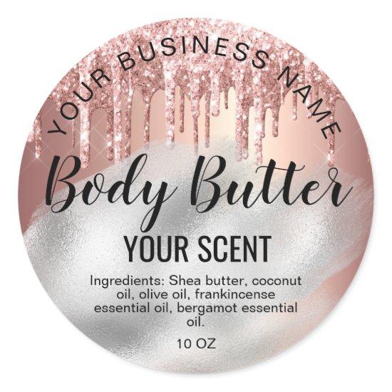 body butter  rose gold drips foil add your logo classic round sticker