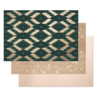 Bohemian Gold Forest Green Ikat Pattern  Sheets