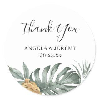 Bohemian Tropical Monstera Leaves Thank You Classi Classic Round Sticker