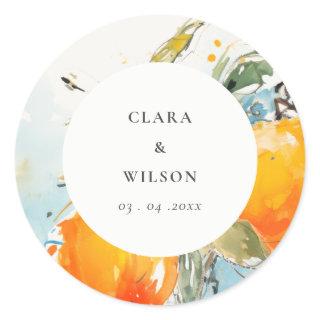 Boho Abstract Sketchy Orange Garden Wedding Classic Round Sticker