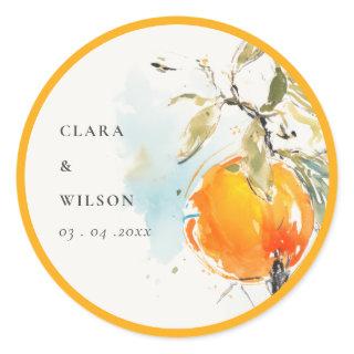 Boho Abstract Sketchy Orange Garden Wedding Classic Round Sticker