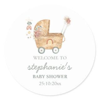 Boho Baby Carriage Baby Shower Welcome To Classic Round Sticker
