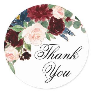 Boho Bloom | Burgundy Red and Navy Blue Thank You Classic Round Sticker