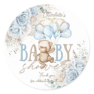 Boho Blue Floral Pampas Teddy Bear Boy Baby Shower Classic Round Sticker