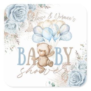 Boho Blue Floral Pampas Teddy Bear Boy Baby Shower Square Sticker