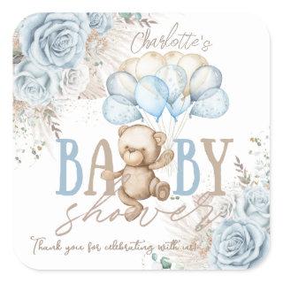 Boho Blue Floral Pampas Teddy Bear Boy Baby Shower Square Sticker