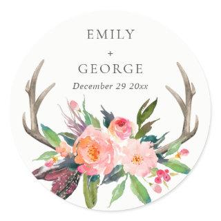 BOHO BLUSH ANTLER FLORAL FEATHER COUNTRY  WEDDING CLASSIC ROUND STICKER