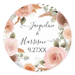 BOHO Blush Floral Peach Rust Greenery Watercolor Classic Round Sticker