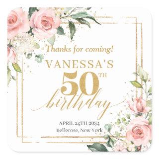Boho blush pink roses gold glitter 50th birthday square sticker