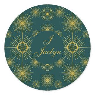 Boho Celestial Sun Stars Personalized Teal Classic Round Sticker