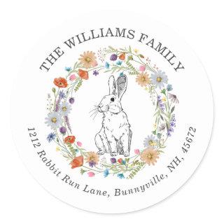 Boho Chic Easter Bunny Watercolor Wildflowers Classic Round Sticker