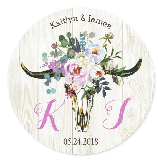 Boho Chic Longhorn Skull Floral Wedding Label