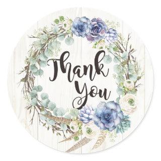 Boho Chic Succulent Eucalytpus Rustic Thank You Classic Round Sticker