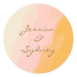Boho Chic Watercolor Pink and Yellow Name Wedding  Classic Round Sticker