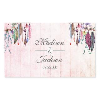 Boho Dreamcatcher & Feathers Pink Wedding Monogram Rectangular Sticker